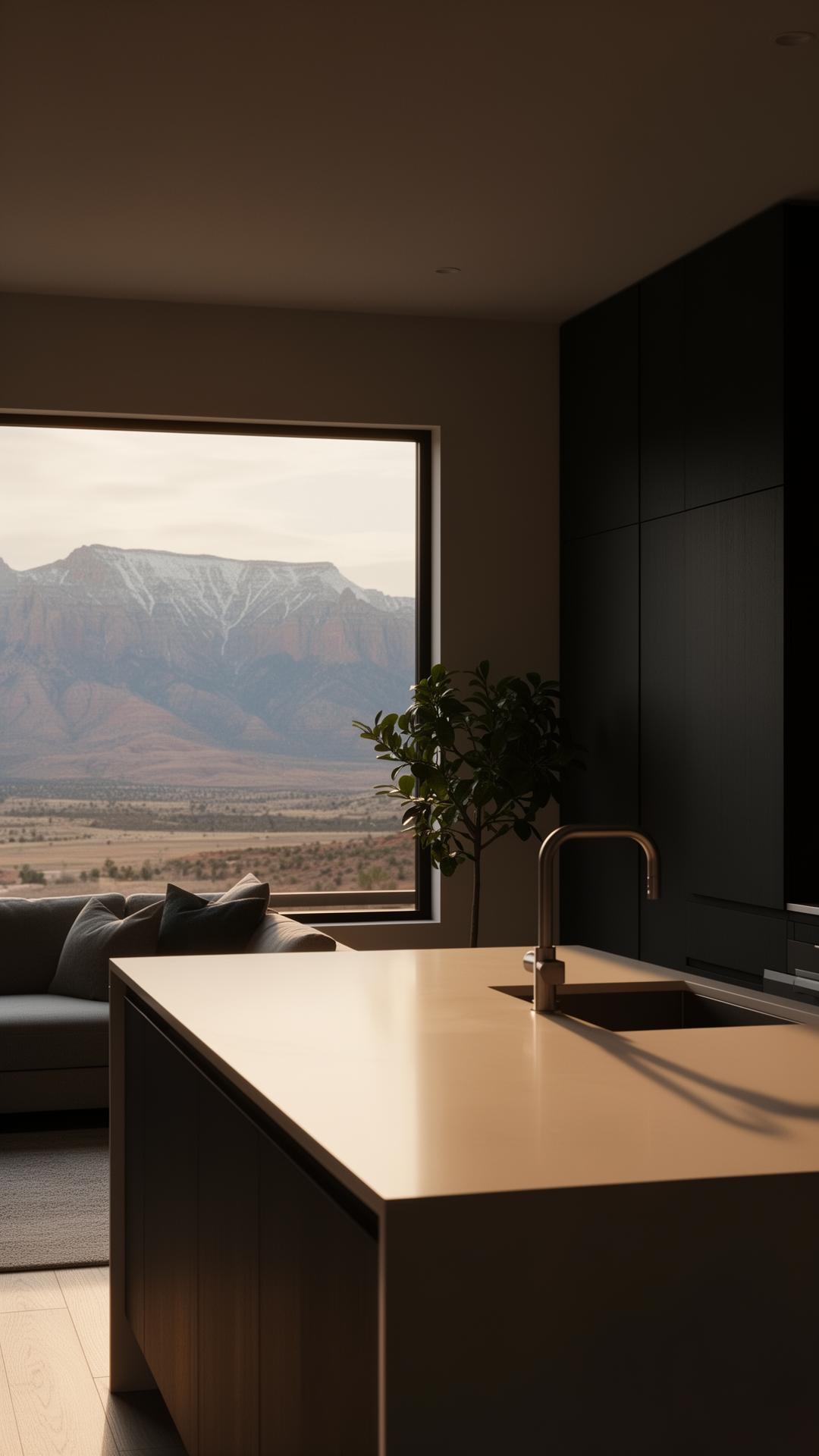 Spotless modern Utah home interior with mountain view